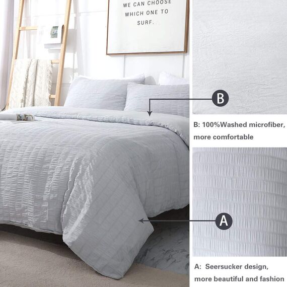 AveLom Hellgrauer Bettbezug für King-Size-Bett (264.2 x 228.6 cm), 3-teilig (1 Bettbezug, 2 Kissenbezüge), Seersucker, gestreift, strukturiertes Bettbezug-Set mit Reißverschluss, Eckbändern