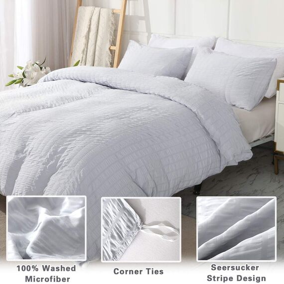 AveLom Hellgrauer Bettbezug für King-Size-Bett (264.2 x 228.6 cm), 3-teilig (1 Bettbezug, 2 Kissenbezüge), Seersucker, gestreift, strukturiertes Bettbezug-Set mit Reißverschluss, Eckbändern