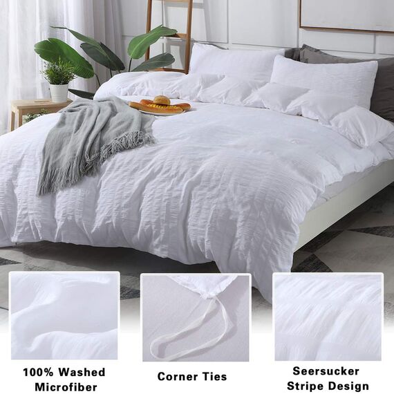 AveLom Weißes Bettbezug-Set California King Size (264,2 x 248,9 cm), 3-teilig (1 Bettbezug + 2 Kissenbezüge), Seersucker weich Gewaschene Mikrofaser, strukturierter Bettbezug mit Reißverschluss