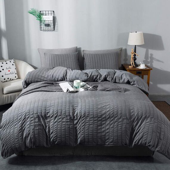 AveLom Seersucker Bettbezug-Set California King Size (264.2x248.9 cm), 3-teilig (1 Bettbezug + 2 Kissenbezüge), strukturierter Bettbezug mit Reißverschluss, Eckbänder
