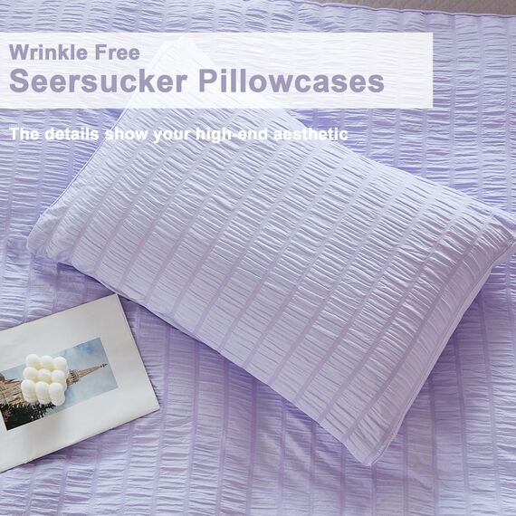 AveLom Lavendel Purple Seersucker Bettbezug-Set King (264.2x228.6 cm), 3 Stück (1 Bettbezug + 2 Kissenbezüge), strukturierter Bettbezug mit Reißverschluss, Eckbänder