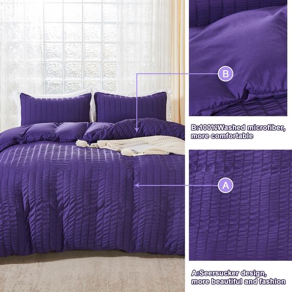 AveLom Seersucker Tripe Bettbezug-Set mit Reißverschluss, Eckbänder, Dunkelviolett, 203,2 x 228,6 cm, 3-teilig (1 Bettbezug, 2 Kissenbezüge), Dunkelviolett