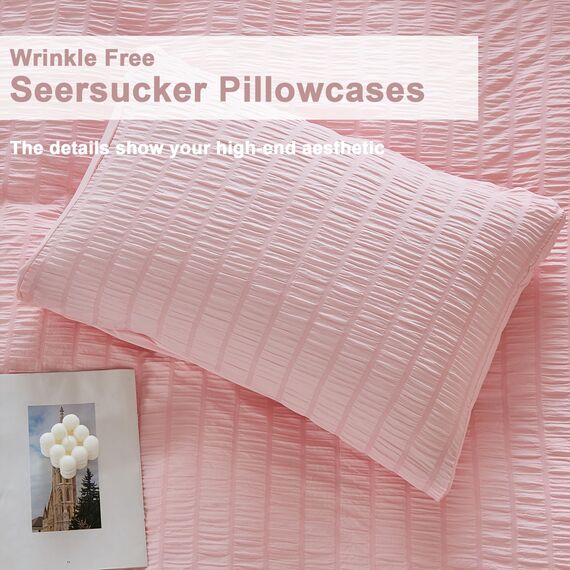 AveLom Blush Pink Seersucker Bettbezug-Set volle Größe (203.2x228.6 cm), 3 Stück (1 Bettbezug + 2 Kissenbezüge), strukturierter Bettbezug mit Reißverschluss, Eckbänder