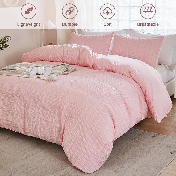 AveLom Blush Pink Seersucker Bettbezug-Set Queen-Size (228.6x228.6 cm), 3 Stück (1 Bettbezug + 2 Kissenbezüge), strukturierter Bettbezug mit Reißverschluss, Eckbänder