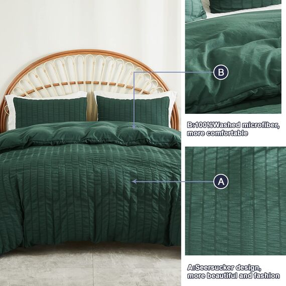 AveLom Dunkelgrünes Seersucker-Bettbezug-Set in voller Größe (203.2x228.6 cm), 3 Stück (1 Bettbezug + 2 Kissenbezüge), strukturierter Bettbezug mit Reißverschluss, Eckbänder