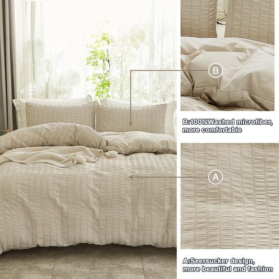 AveLom Beige Seersucker Bettbezug-Set King Size (264,2 x 228,6 cm), 3 Stück (1 Bettbezug + 2 Kissenbezüge), ultraweiche Gewaschene Mikrofaser, strukturierter Bettbezug mit Reißverschluss, Eckbänder