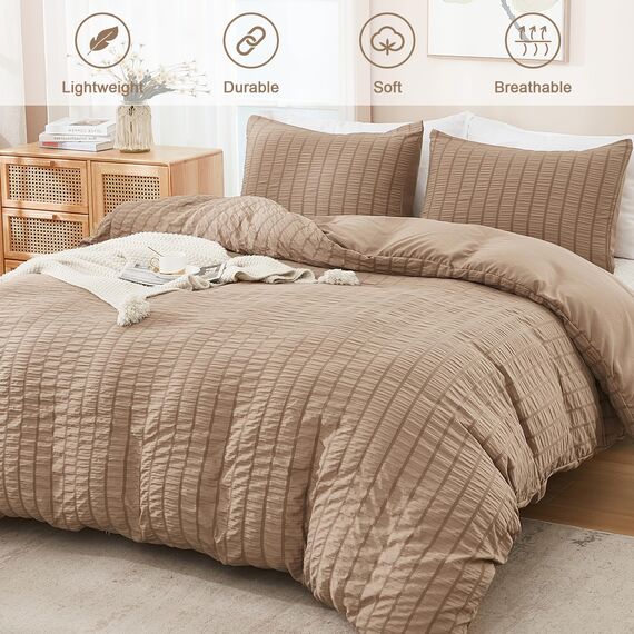 AveLom Taupe Bettbezug Cal King (264,2 x 248,9 cm), 3-teilig (1 Bettbezug, 2 Kissenbezüge), Seersucker gestreift, weich, gewaschene Mikrofaser, strukturiertes Bettbezug-Set mit Reißverschluss,
