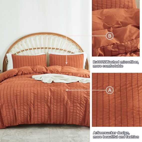 AveLom Terrakotta-Seersucker-Bettbezug-Set, Queen-Size-Größe (228.6x228.6 cm), 3-teilig (1 Bettbezug + 2 Kissenbezüge), ultraweiche, strukturierter Bettbezug mit Reißverschluss, Eckbänder