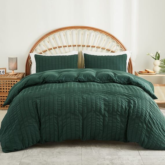 AveLom Dunkelgrünes Seersucker Bettbezug-Set King Size (264.2x228.6 cm), 3 Stück (1 Bettbezug + 2 Kissenbezüge), strukturierter Bettbezug mit Reißverschluss, Eckbänder