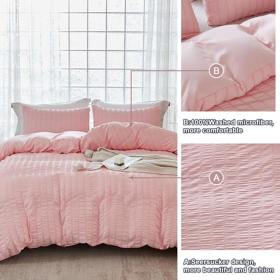 AveLom Blush Pink Seersucker Bettbezug-Set King Size (264.2x228.6 cm), 3 Stück (1 Bettbezug + 2 Kissenbezüge), strukturierter Bettbezug mit Reißverschluss, Eckbänder