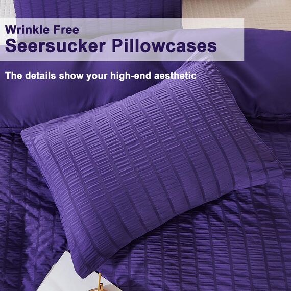 AveLom Seersucker Tripe Bettbezug-Set mit Reißverschluss, Eckbänder, Dunkelviolett, 203,2 x 228,6 cm, 3-teilig (1 Bettbezug, 2 Kissenbezüge), Dunkelviolett