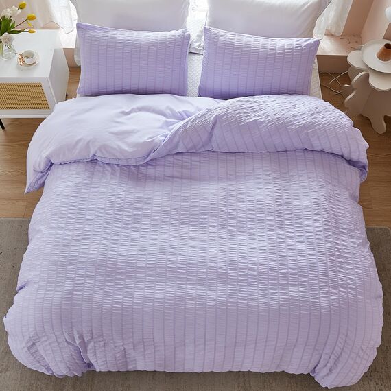 AveLom Lavendel Purple Seersucker Bettbezug-Set King (264.2x228.6 cm), 3 Stück (1 Bettbezug + 2 Kissenbezüge), strukturierter Bettbezug mit Reißverschluss, Eckbänder
