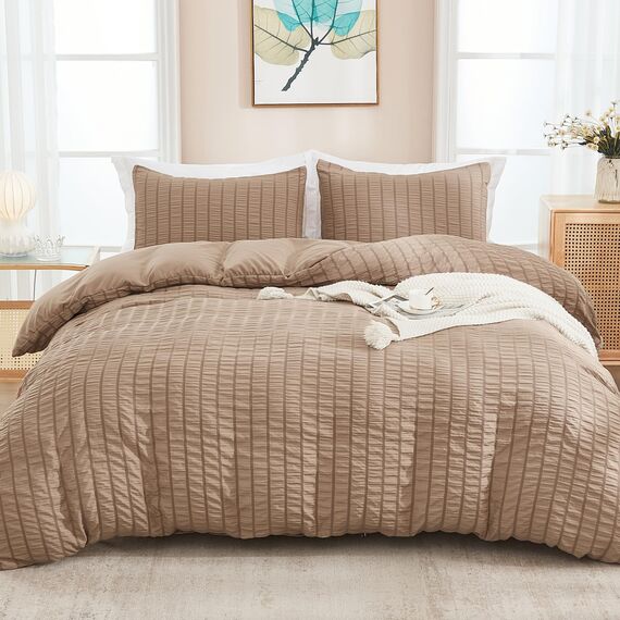 AveLom Taupe Bettbezug Cal King (264,2 x 248,9 cm), 3-teilig (1 Bettbezug, 2 Kissenbezüge), Seersucker gestreift, weich, gewaschene Mikrofaser, strukturiertes Bettbezug-Set mit Reißverschluss,