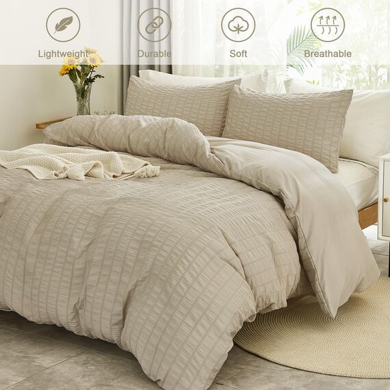 AveLom Beige Seersucker Bettbezug-Set Full Size (203,2 x 228,6 cm), 3 Stück (1 Bettbezug + 2 Kissenbezüge), Ultra weiche gewaschene Mikrofaser, strukturierter Bettbezug mit Reißverschluss, Eckbänder