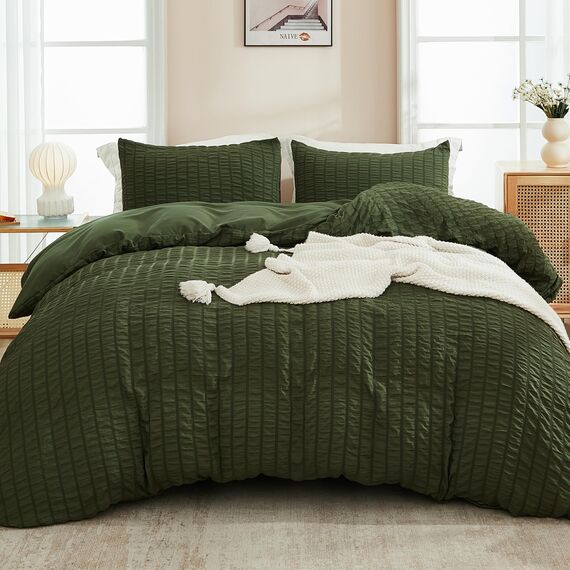 AveLom Dunkelolivgrünes Seersucker-Bettbezug-Set für Queensize-Betten (228,6 x 228,6 cm), 3-teilig (1 Bettbezug + 2 Kissenbezüge), ultraweiche, gewaschene Mikrofaser, strukturierter Bettbezug mit