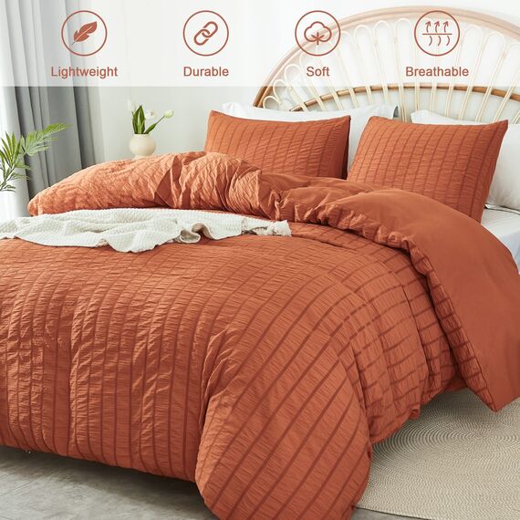 AveLom Terrakotta-Seersucker-Bettbezug-Set, Queen-Size-Größe (228.6x228.6 cm), 3-teilig (1 Bettbezug + 2 Kissenbezüge), ultraweiche, strukturierter Bettbezug mit Reißverschluss, Eckbänder