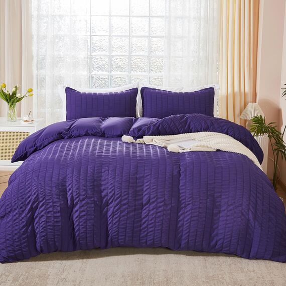 AveLom Seersucker Tripe Bettbezug-Set mit Reißverschluss, Eckbänder, Dunkelviolett, 203,2 x 228,6 cm, 3-teilig (1 Bettbezug, 2 Kissenbezüge), Dunkelviolett