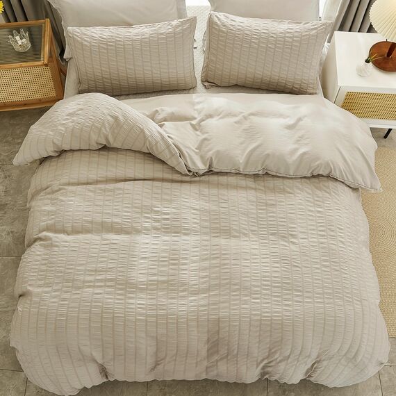AveLom Beige Seersucker Bettbezug-Set Queen-Size (228,6 x 228,6 cm), 3-teilig (1 Bettbezug + 2 Kissenbezüge), ultraweiche Gewaschene Mikrofaser, strukturierter Bettbezug mit Reißverschluss, Eckbänder