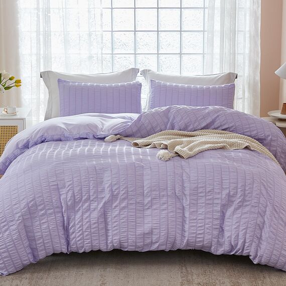 AveLom Lavendel Purple Seersucker Bettbezug-Set King (264.2x228.6 cm), 3 Stück (1 Bettbezug + 2 Kissenbezüge), strukturierter Bettbezug mit Reißverschluss, Eckbänder