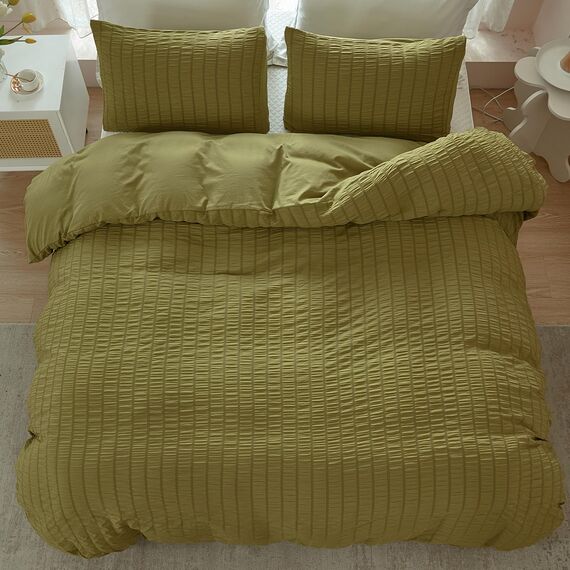 AveLom Olivgrünes Seersucker-Bettbezug-Set für King-Size-Betten (264.2x228.6 cm), 3-teilig (1 Bettbezug + 2 Kissenbezüge), ultraweiche, strukturierter Bettbezug mit Reißverschluss, Eckbänder