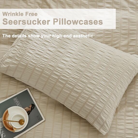 AveLom Beige Seersucker Bettbezug-Set Full Size (203,2 x 228,6 cm), 3 Stück (1 Bettbezug + 2 Kissenbezüge), Ultra weiche gewaschene Mikrofaser, strukturierter Bettbezug mit Reißverschluss, Eckbänder