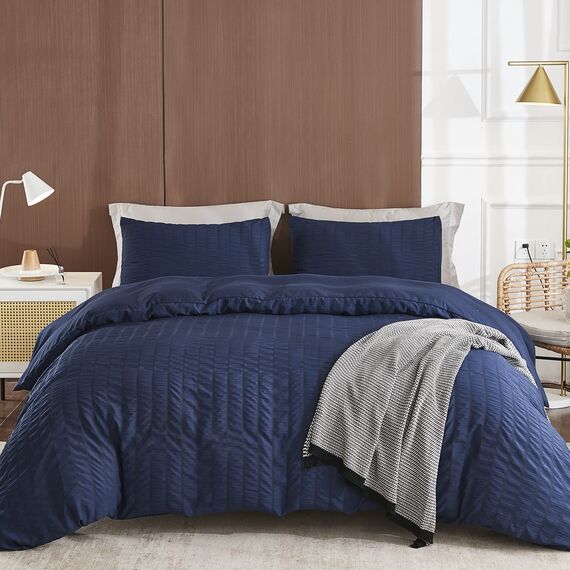 AveLom Seersucker Bettbezug-Set, Queen-Size-Größe (229 x 228.6 cm), 3-teilig (1 Bettbezug + 2 Kissenbezüge), marineblau, strukturierter Bettbezug mit Reißverschluss, Eckbändern