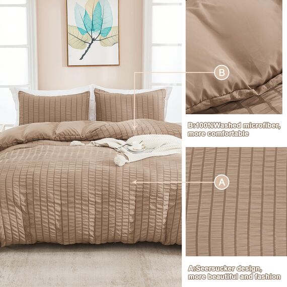 AveLom Taupe Bettbezug Cal King (264,2 x 248,9 cm), 3-teilig (1 Bettbezug, 2 Kissenbezüge), Seersucker gestreift, weich, gewaschene Mikrofaser, strukturiertes Bettbezug-Set mit Reißverschluss,