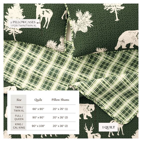 Great Bay Home Lodge Tagesdecke, Doppelbettgröße, Steppdecke mit 1 Kissenbezug, 2-teilig, wendbar, Ganzjahres-Bettwäsche-Set Rustikales Steppdecken-Set Rio Ridge Collection (Waldgrün)