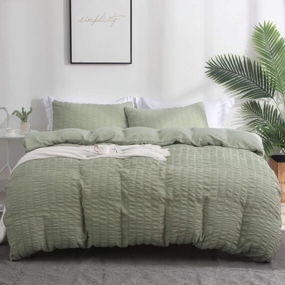 AveLom Grüner Bettbezug für Queen-Size-Bett (228.6x228.6 cm), 3-teilig (1 Bettbezug, 2 Kissenbezüge), strukturiertes Bettbezug-Set mit Reißverschluss, Eckbändern