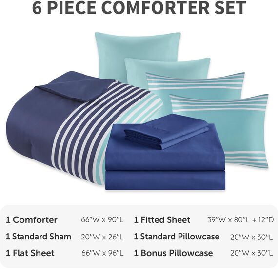 Comfort Spaces Doppelbett-Bettwäsche-Set mit Laken, Bed in a Bag, 6-teilig, Twin-XL, für Teenager, Marineblau und grau gestreift, College-Stil, 2 Seitentaschen, Schlafzimmer-Organizer