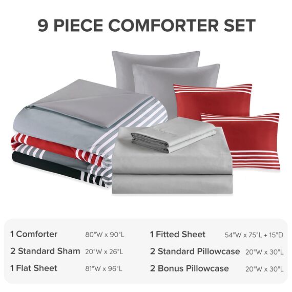 Comfort Spaces Bettdecken-Sets College Essentials, komplettes Schlafsaal mit Bettlaken und 2 Seitentaschen, Mikrofaser, Colin, Rot/Grau, Full, 9