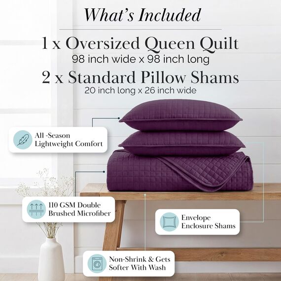 Southshore Fine Living, Inc. Quilts, Queen-Size-Bettdecken-Set, flecken- und tierhaarresistent, Tagesdecke, Queen-Size-Größe, leichte Tagesdecke mit 2 Kissenbezügen, Violett