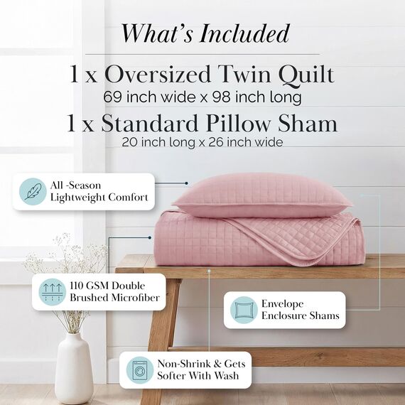 Southshore Fine Living, Inc. Genähtes Bettwäsche-Set für Doppelbett, XL-Bettwäsche-Set, Schlafsaal-Bettwäsche, schmutzabweisend, maschinenwaschbar, Tagesdecke, XL/Twin Pink Steppdecke mit Kissenbezug