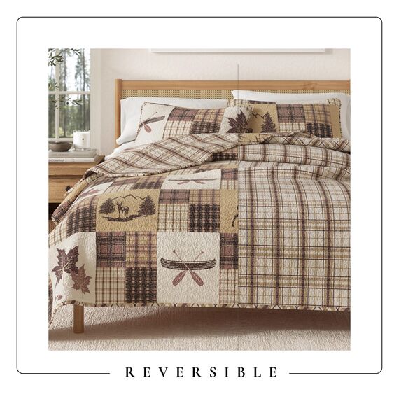 Great Bay Home Lodge Bettwäsche-Set – 2-teiliges Bettwäsche-Set für Doppelbetten in XL-Größe, rustikales Bettwäsche-Set – leicht, wendbare Tagesdecke für alle Jahreszeiten (Hirsch und Blatt-Patchwork)
