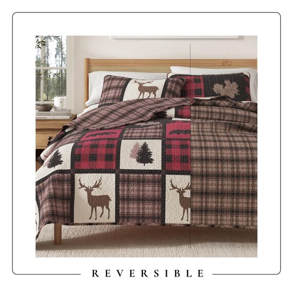 Great Bay Home Lodge Tagesdecke Full/Queen Size Quilt mit 2 Kissenbezügen. 3-teiliges wendbares Bettwäsche-Set für alle Jahreszeiten. Rustikale Steppdecke Stonehurst Collection (Rot/Schwarz)