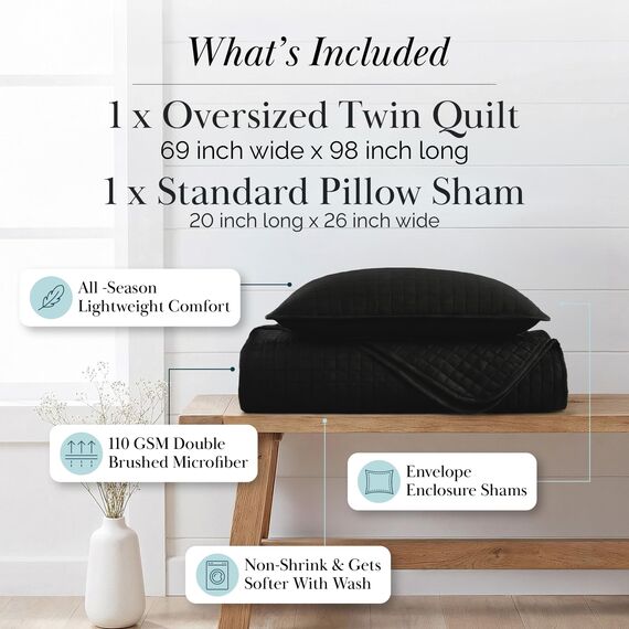 Southshore Fine Living, Inc. Bettwäsche-Set für Doppelbett, weich gebürstete Mikrofaser, flecken- und tierhaarresistente Bettwäsche, XL/Doppelbett-Bettwäsche-Set, Tagesdecke mit 1 Kissenbezug, Schwarz