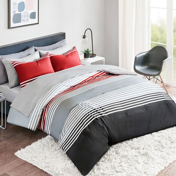 Comfort Spaces Bettdecken-Sets College Essentials, komplettes Schlafsaal mit Bettlaken und 2 Seitentaschen, Mikrofaser, Colin, Rot/Grau, Full, 9