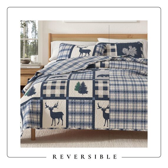 Great Bay Home Lodge Tagesdecke, King-Size-Bettdecke mit 2 Kissenbezügen, 3-teilig, wendbar, für alle Jahreszeiten, rustikale Steppdecke, Bettwäsche-Set, Stonehurst-Kollektion, Marineblau/Grau