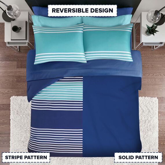 Comfort Spaces Doppelbett-Bettwäsche-Set mit Laken, Bed in a Bag, 6-teilig, Twin-XL, für Teenager, Marineblau und grau gestreift, College-Stil, 2 Seitentaschen, Schlafzimmer-Organizer