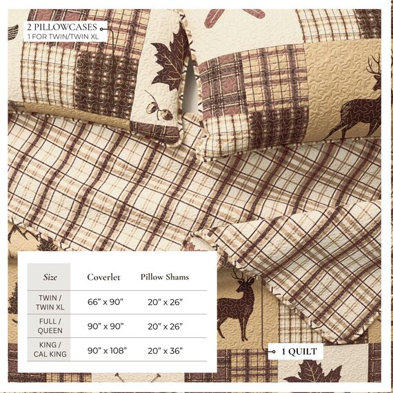 Great Bay Home Lodge Bettwäsche-Set – 2-teiliges Bettwäsche-Set für Doppelbetten in XL-Größe, rustikales Bettwäsche-Set – leicht, wendbare Tagesdecke für alle Jahreszeiten (Hirsch und Blatt-Patchwork)