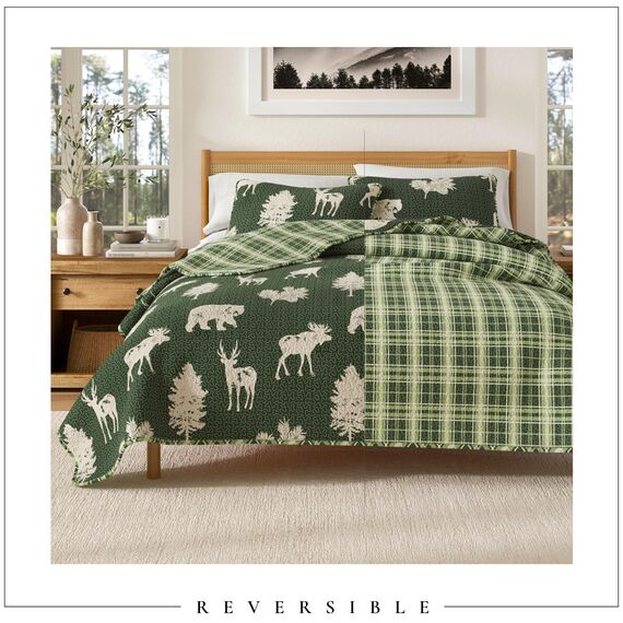 Great Bay Home Lodge Tagesdecke für King-Size-Bett, Steppdecke mit 2 Kissenbezügen, 3-teilig, wendbar, für alle Jahreszeiten, rustikale Steppdecke, Bettwäsche-Set, Kollektion Rio Ridge, Waldgrün