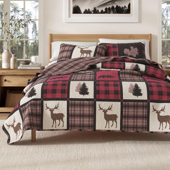 Great Bay Home Lodge Tagesdecke Full/Queen Size Quilt mit 2 Kissenbezügen. 3-teiliges wendbares Bettwäsche-Set für alle Jahreszeiten. Rustikale Steppdecke Stonehurst Collection (Rot/Schwarz)