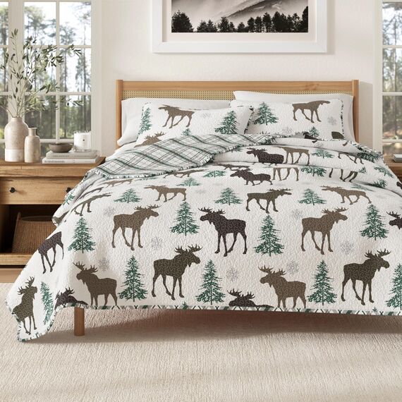 Great Bay Home Lodge Bettwäsche-Set – 2-teiliges Twin/Twin XL Size Rustikales Bettwäsche-Set – leicht, Ganzjahreszeiten, wendbare Tagesdecke (Elch – Schokolade)