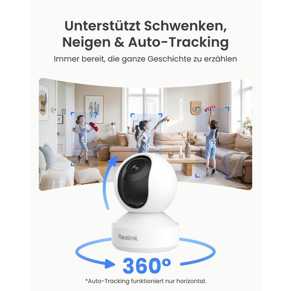 Reolink 4K PTZ WLAN Überwachungskamera Innen, 2,4/5 GHz Wi-Fi 6, Babyphone mit Kamera, 3X Optischer Zoom, Auto-Tracking, Indoor Kamera für Kids, Hundekamera, Mensch/Haustier/Schreierkennung, E1 Zoom