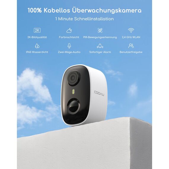COOAU 2 Stück Akku Überwachungskamera Aussen - 2K WLAN Kabellose Kamera Überwachung Innen mit Farbige Nachtsicht | PIR-Bewegungserkennung | Teilen | Zwei-Wege-Audio