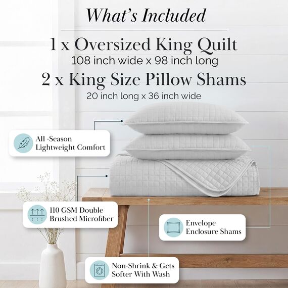 Southshore Fine Living, Inc. Übergroßes Steppdecken-Set für King-Size-Betten, King-Size-Größe, mit 2 passenden Kissenbezügen, weicher Mikrofaser-Bezug, pflegeleicht, maschinenwaschbar, Hellgrau