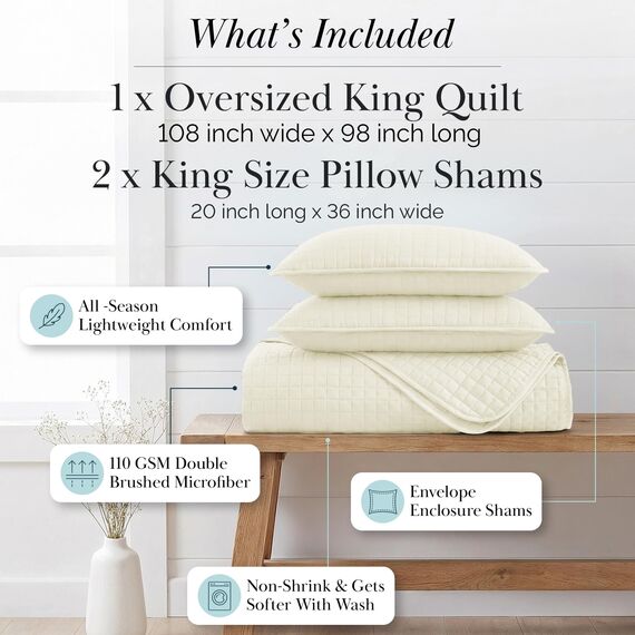 Vilano Springs, Premium-Qualität, weich, knitterfrei, farbecht und schmutzabweisend, Easy Case, übergroßes Bettbezug-Set mit 1 Steppdecke und 2 Kissenbezügen, King / California King, gebrochenes Weiß