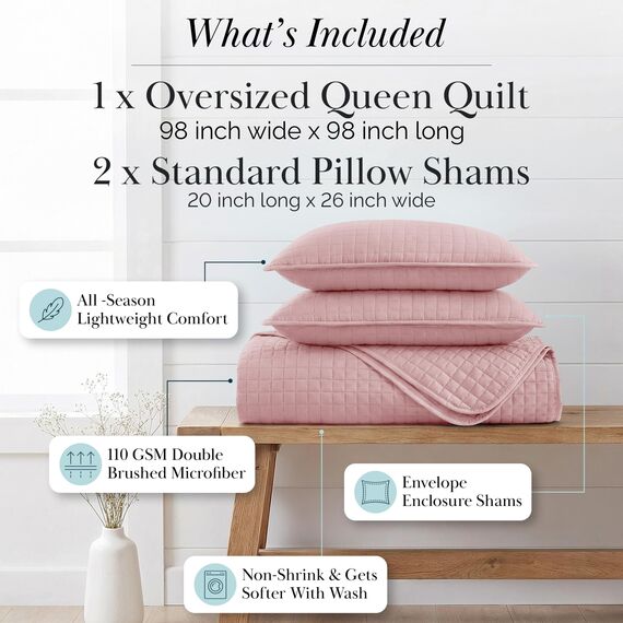 Southshore Fine Living, Inc. Gestepptes pinkes Queen-Bettwäsche-Set, übergroße Steppdecken, Queen-Size-Größe, tierhaarbeständige Bettwäsche, weiche, gemütliche Tagesdecke, volle Größe, 2 Kissenbezüge