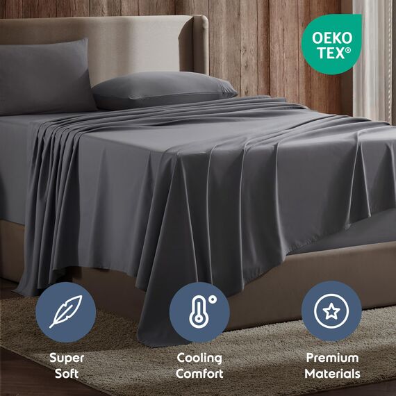 Nestl Kurzes Queen-Bettwäsche-Set, 1800 ultraweiche Mikrofaser, doppelt gebürstet, tiefe Taschen, einfache Passform, 4-teiliges Set, Bettlaken (kurzes Queen-Size-Bett, Dunkelgrau)