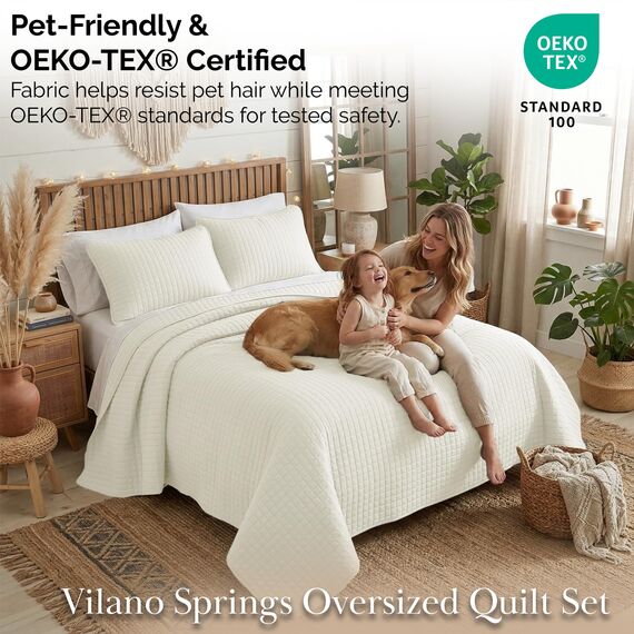 Vilano Springs, Premium-Qualität, weich, knitterfrei, farbecht und schmutzabweisend, Easy Case, übergroßes Bettbezug-Set mit 1 Steppdecke und 2 Kissenbezügen, King / California King, gebrochenes Weiß